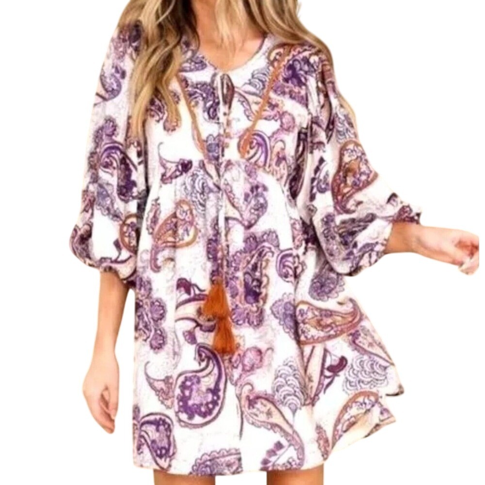 Band of the Free Purple Paisley Babydoll Mini Dress Balloon Sleeve Small NWT